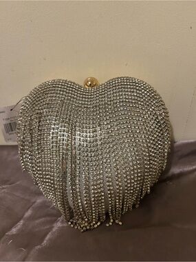 NWT CoG Silver Rhinestone Heart Clutch with Fringe